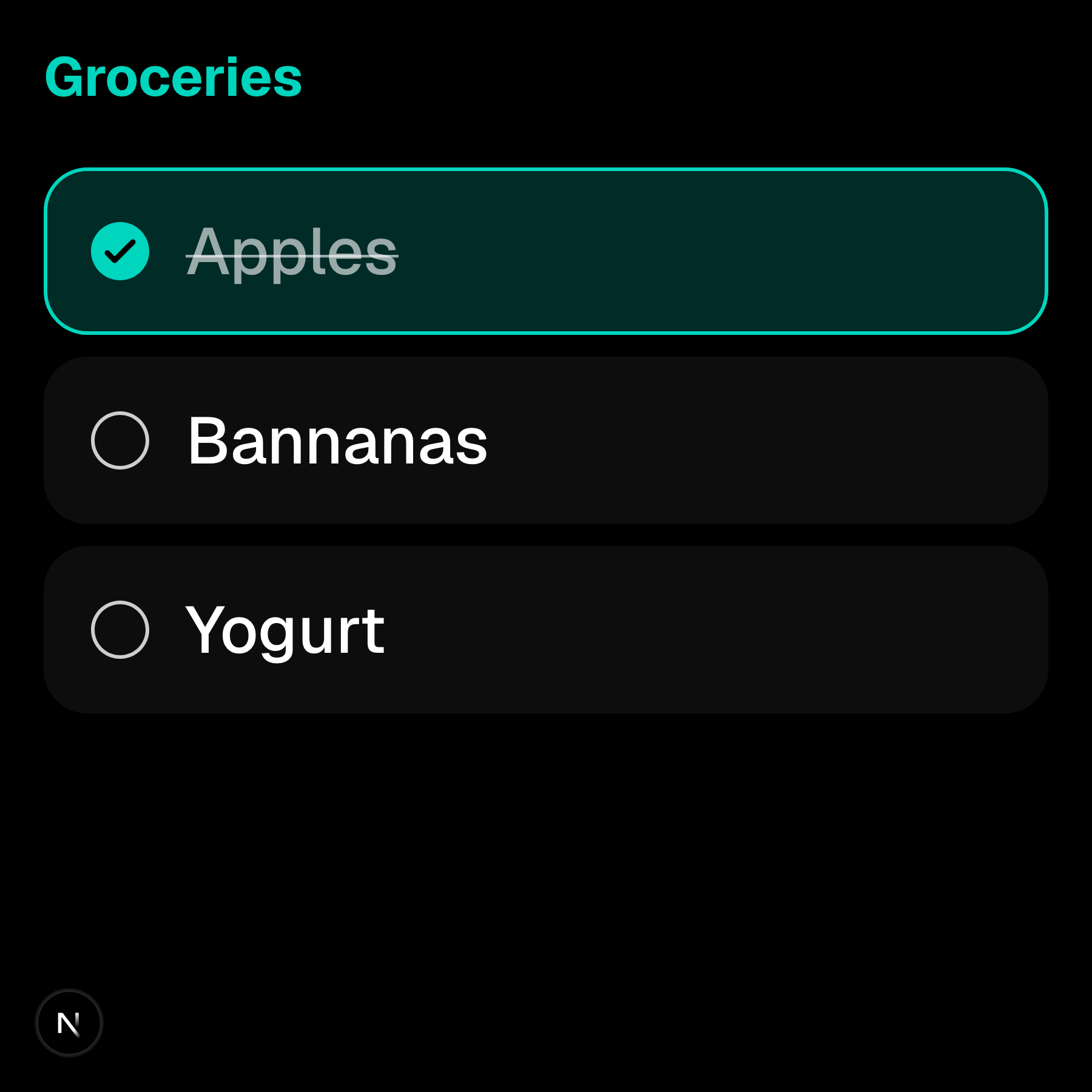 Groceries list showing items: Apples (checked), Bannanas, and Yogurt with checkboxes