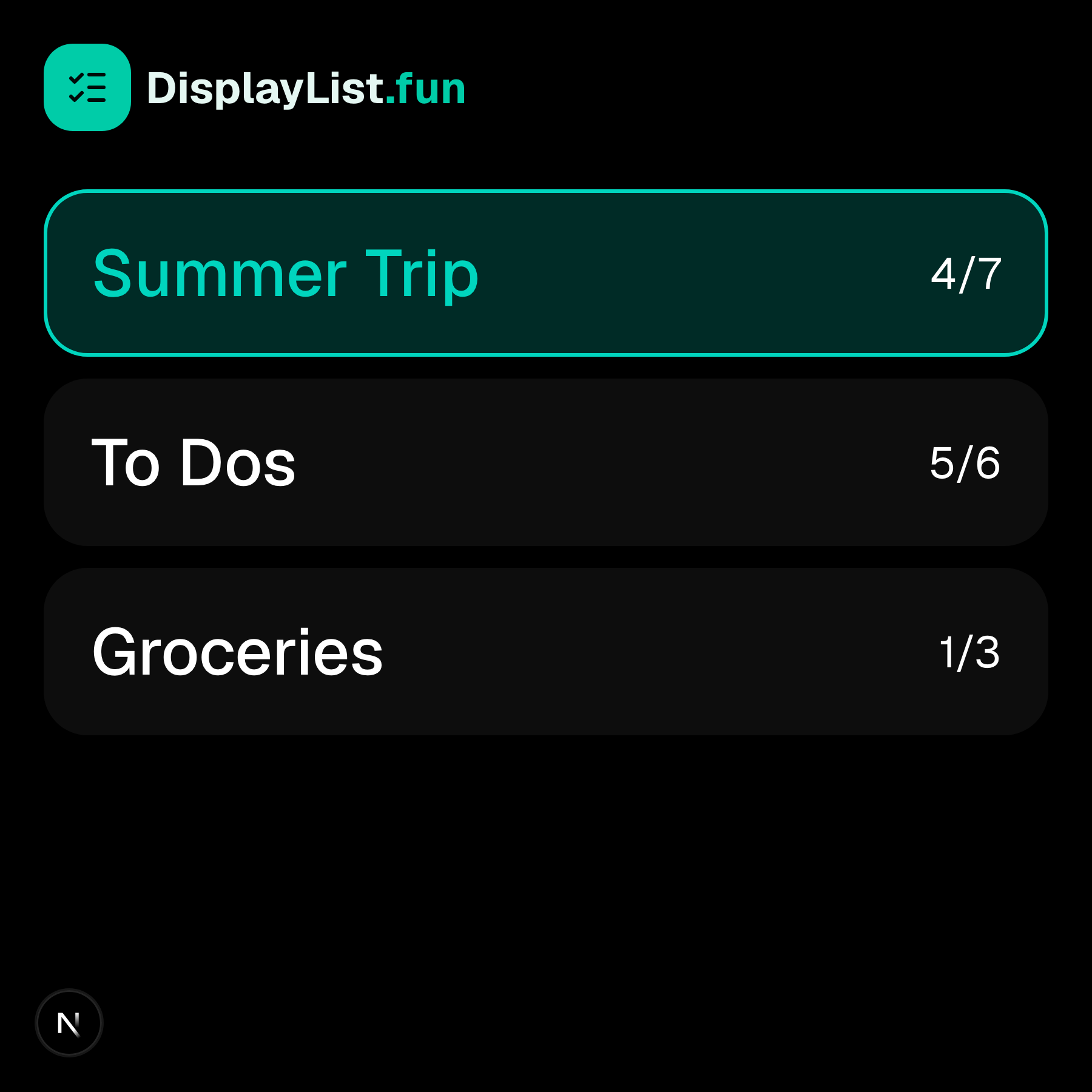 DisplayList home screen showing multiple lists: Summer Trip (4/7), To Dos (5/6), and Groceries (1/3)
