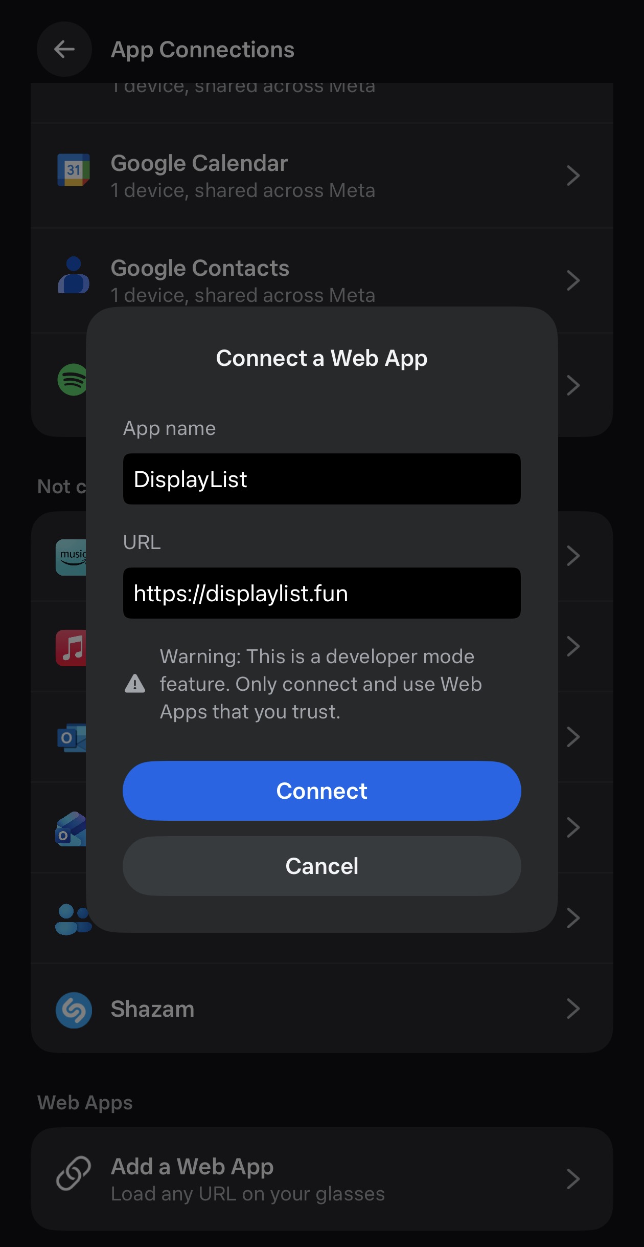 Screenshot of the Meta AI app showing the Connect a Web App dialog with DisplayList configuration
