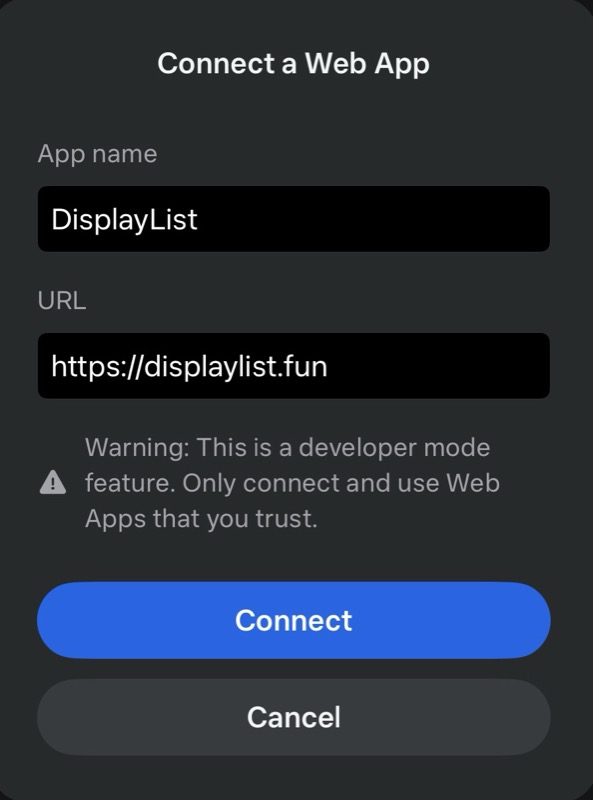 La finestra Collega una web app nell'app Meta AI, compilata con il nome DisplayList e l'indirizzo https://displaylist.fun
