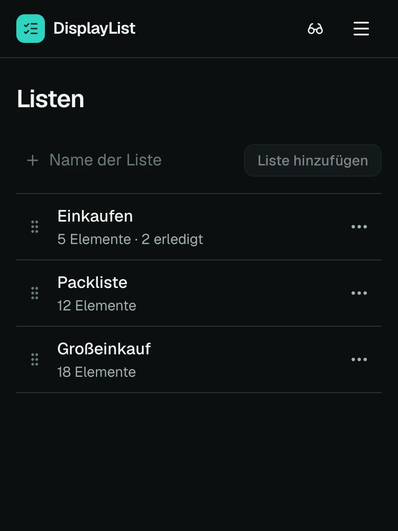 Die Listenseite auf einem Handy