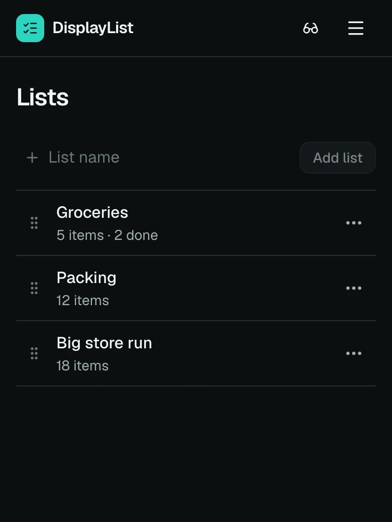The lists page on a phone