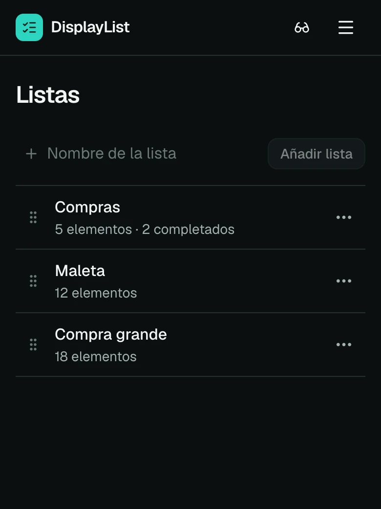 La página de listas en un teléfono