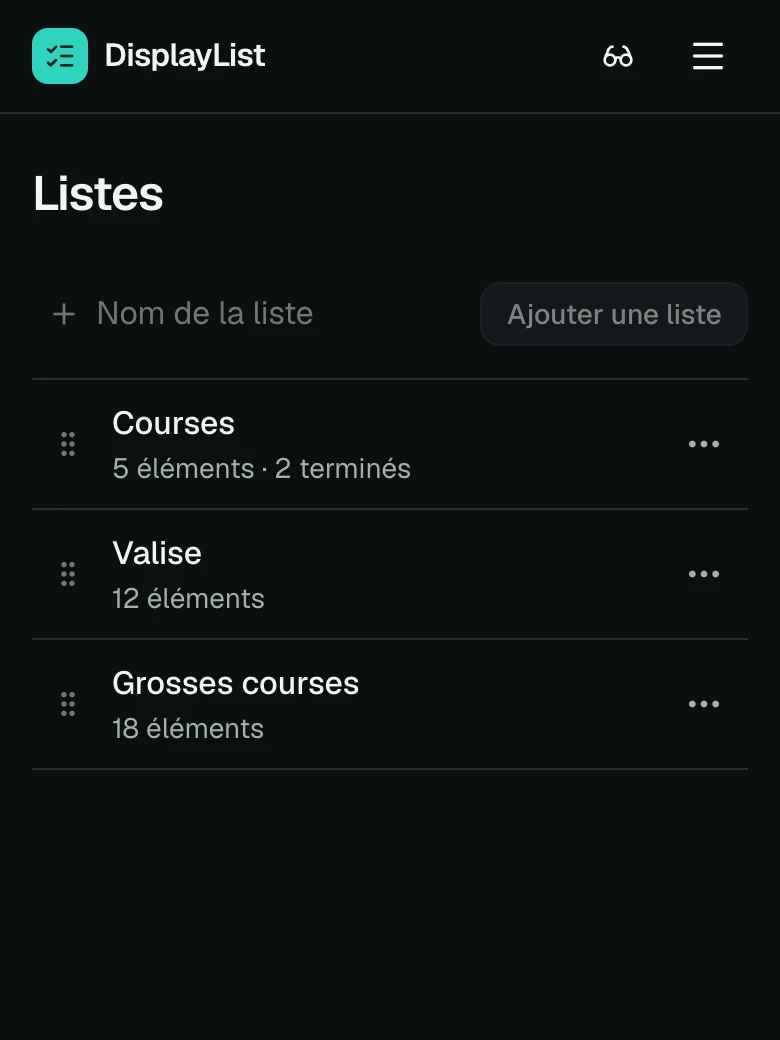 La page des listes sur un téléphone