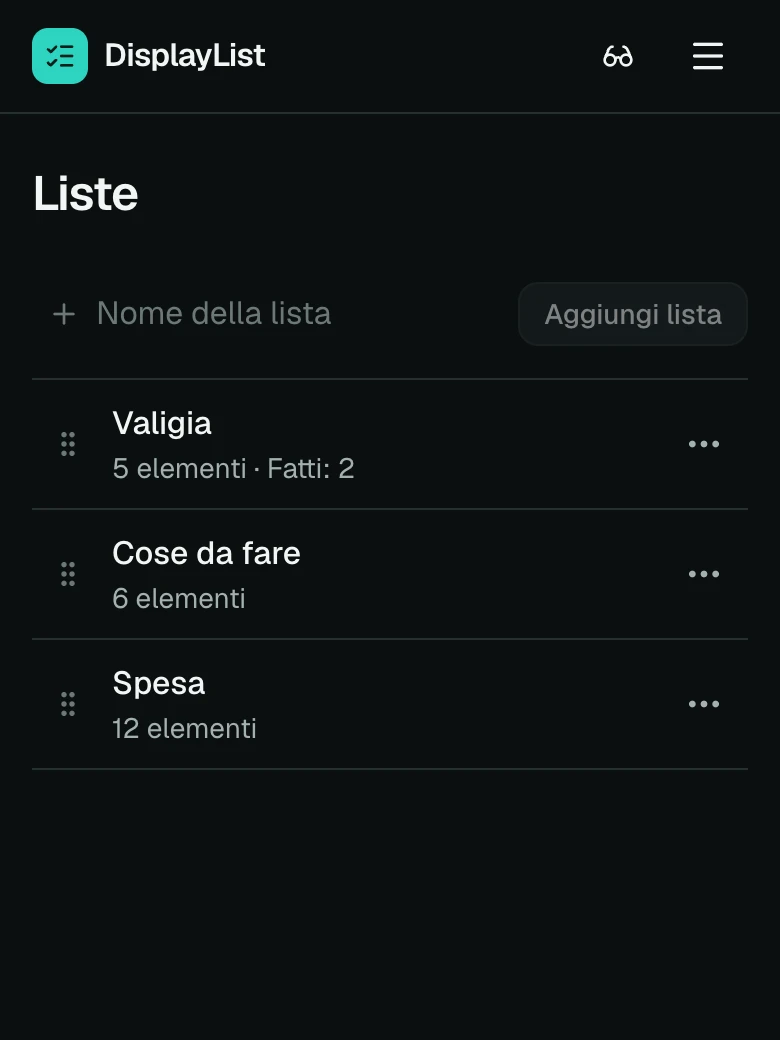 La pagina delle liste su un telefono