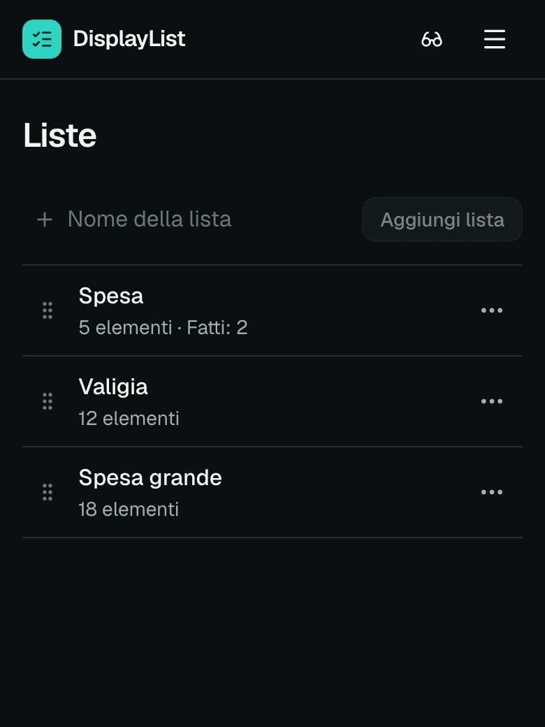 La pagina delle liste su un telefono