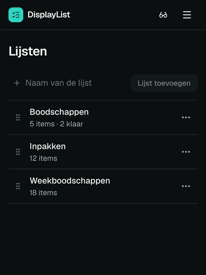 De lijstenpagina op een telefoon