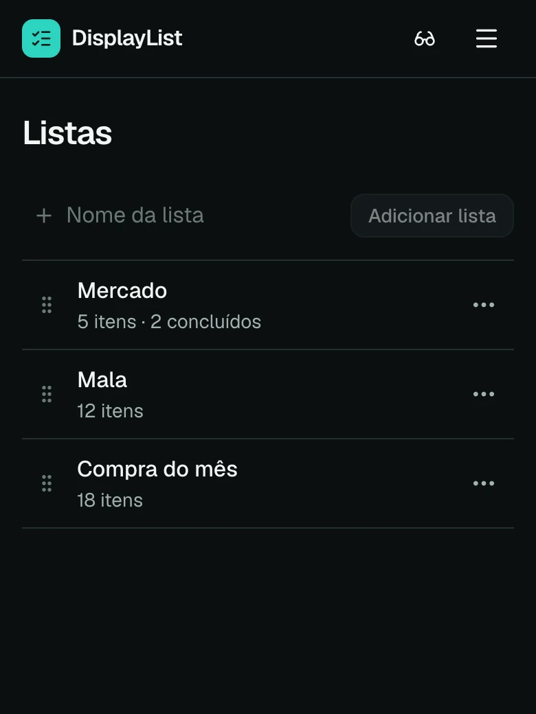 A página de listas em um celular